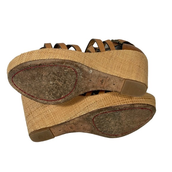 Trask Brown Saddle Leather Strappy Burlap Platform Heel Wedge Sandal Sz 9 - Picture 8 of 10